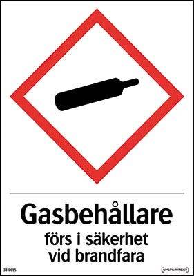 Varningsskylt "Gasbehållare förs i säkerhet vid brandfara" Självhäftande-148 x 210 mm.