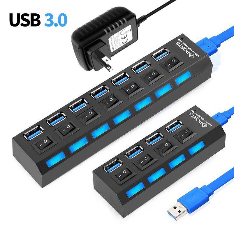 USB Hub 3.0 5Gbps High Speed 4/7 Port Hub Splitter Med ON/OFF Switch Multi Power Adapter High Speed Hub För PC Dator Laptop