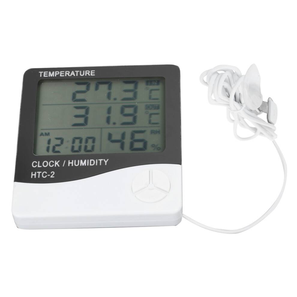 Ur, tid, datovisning til hjemmekontor, temperatur- og fugtighedsmåler LCD digitalt termometer, hygrometer, indendørs udendørs skærm med bred