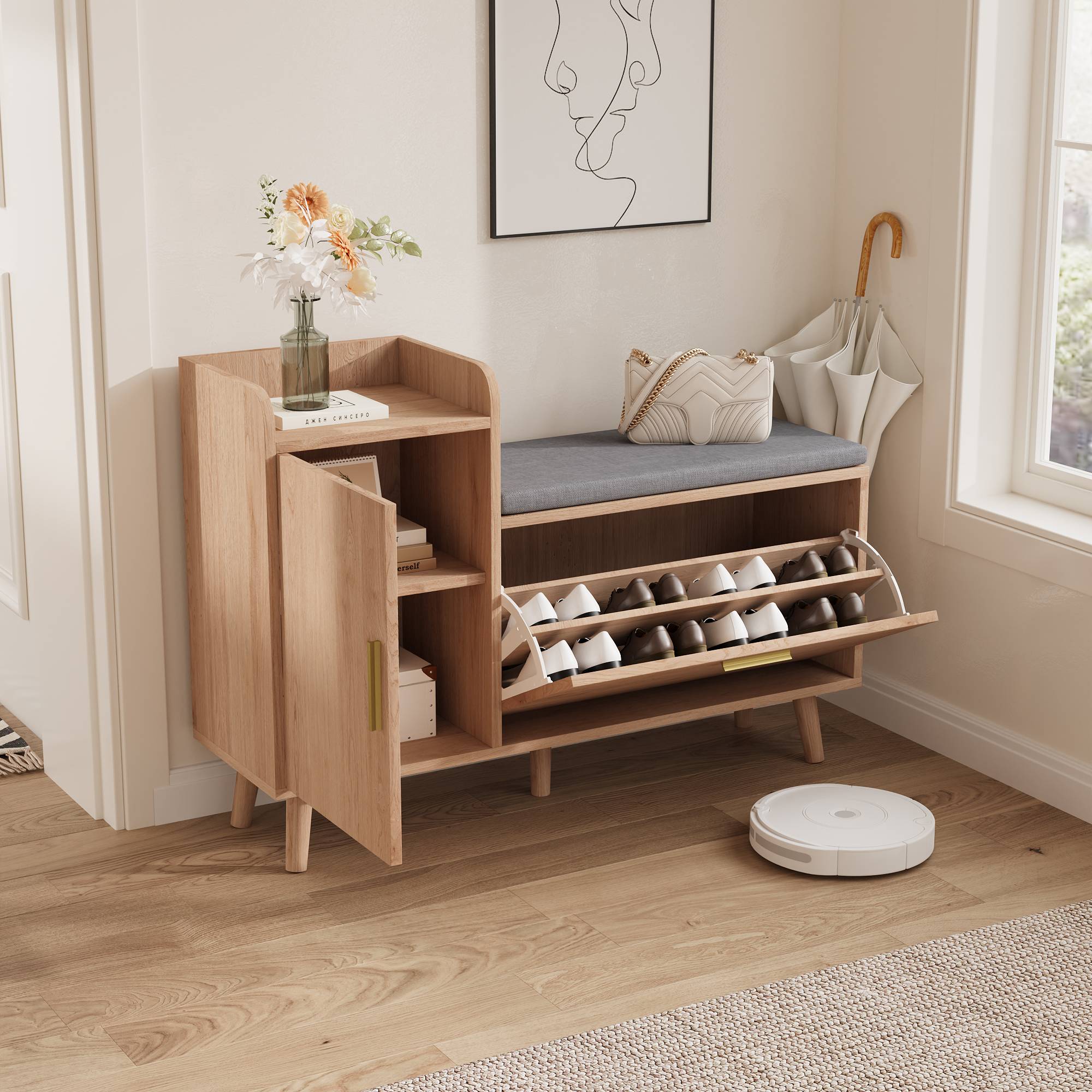 Rosahqnda Shoe Bench with Seat,Bench with Storage Space, Padded,Under Seat Cushion, Shoe Rack for Living Room