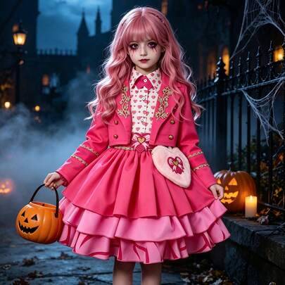 Halloween Carnival Cosplay-dräkt för flickor, rosa kappa + tutuklänning med väska, outfit-set, present, barnklänning för födelsedagsparty, utklädnings (110,120,130,140,150)