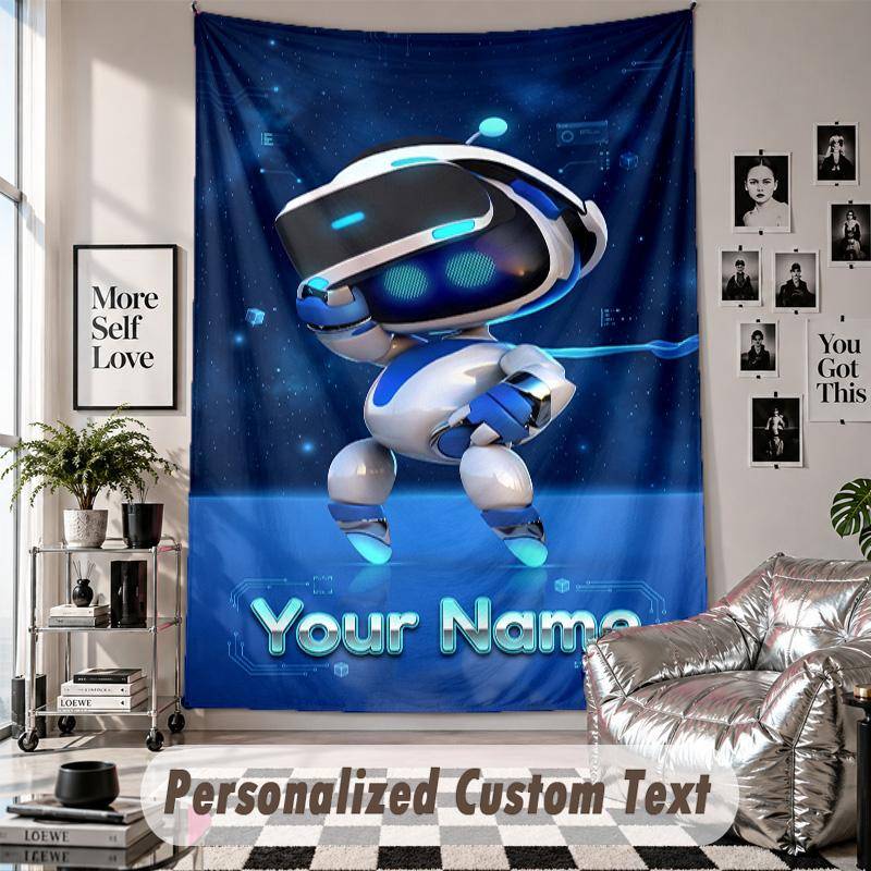 Wall Hanging Tapestry With Custom Name & Text, Astro Bot Decorative Tapestry For Bedroom