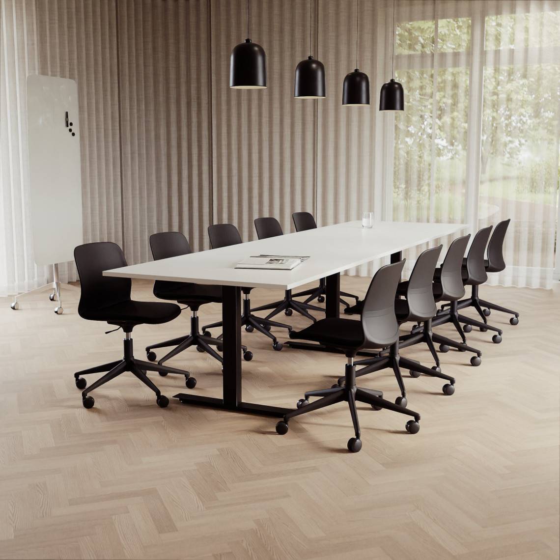Konferensgrupp Modul + Ergo 006C, Storlek 10 platser (360 cm), Bordsskiva Vit, Underrede Svart, Stol Svart
