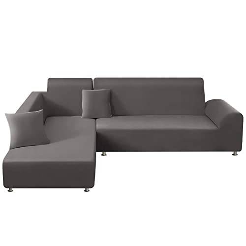 ShowyLive Sofa Überzug Couch Überzug 2er Set für Ecksofa L-Form Sofabezug 3 Sitzer+4 Sitzer, mit 2 Stück Kissenbezug, Grau