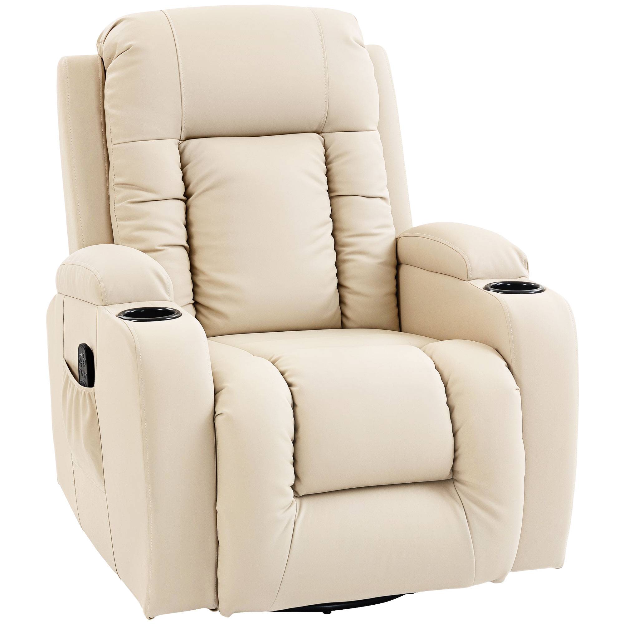 HOMCOM PU Leather Recliner Chair, Recliner Armchair with Extended Footrest, Cup Holders and Side Pockets, Cream