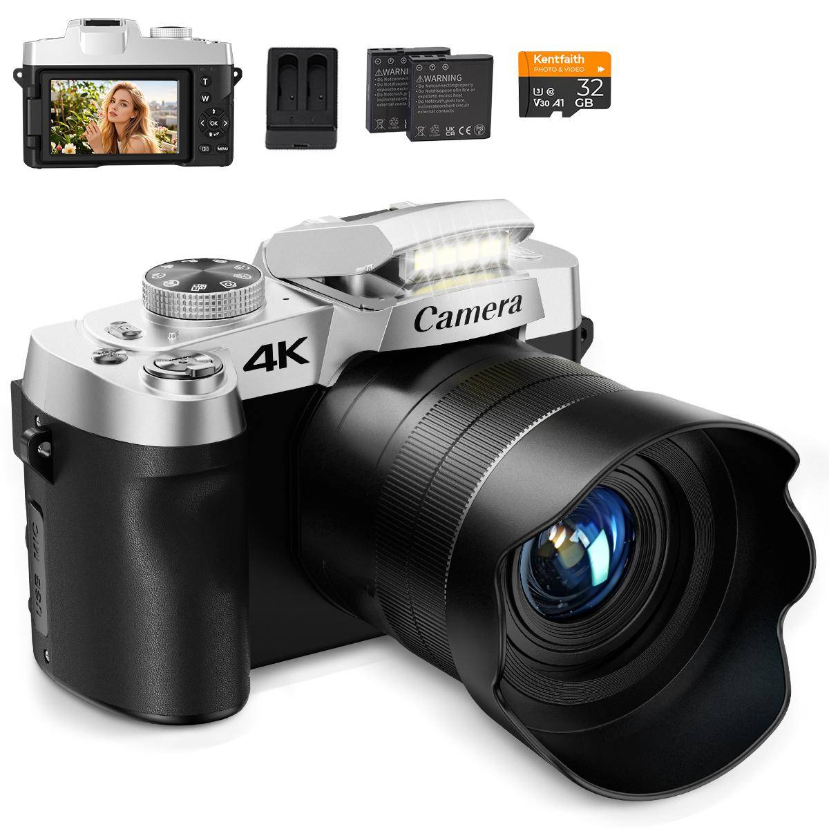 KENTFAITH 75MP 4K Digital Camera for Photography, 12X Optical Zoom, 180° Flip Screen, WiFi Vlogging Camera for Video, YouTube, Kentfaith