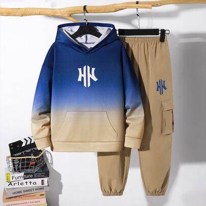 Barn- och tweenpojkar avslappnat sportigt set med gradient tie-dye hoodie sweatshirt och khakifärgade cargojoggingbyxor, lämpligt för höst/vinter, sko - Multifärgad (8Y,9Y,10Y,11Y,12Y)