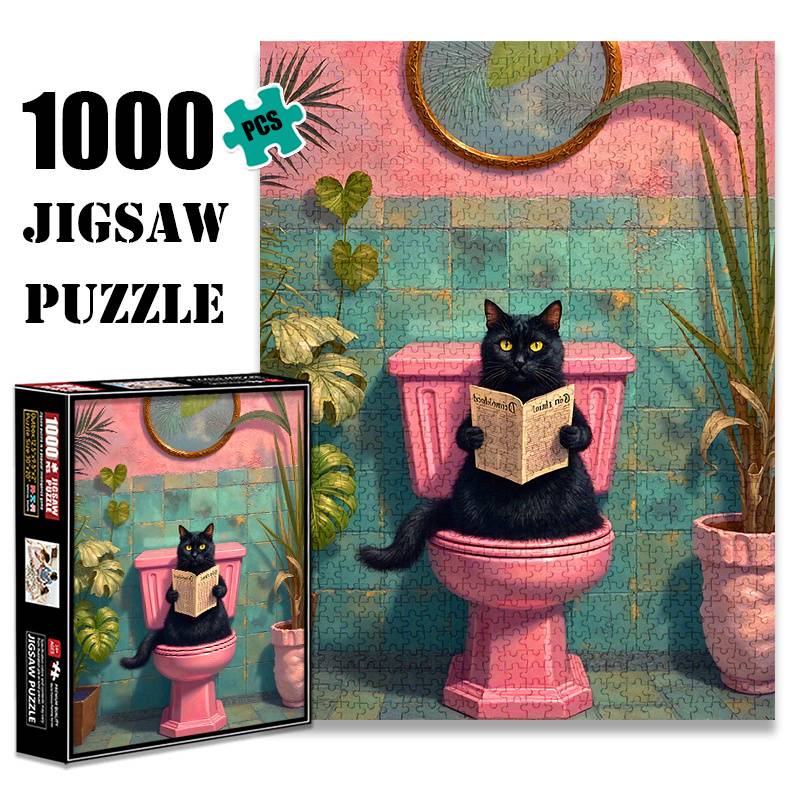Black Cat Using The Toilet 1000pcs Paper Jigsaw Puzzle, Large Puzzle Toy, Exquisite Game Gift, Family Interactive Game Puzzle, Diy Decoration, Brain-challenging Holiday Gift