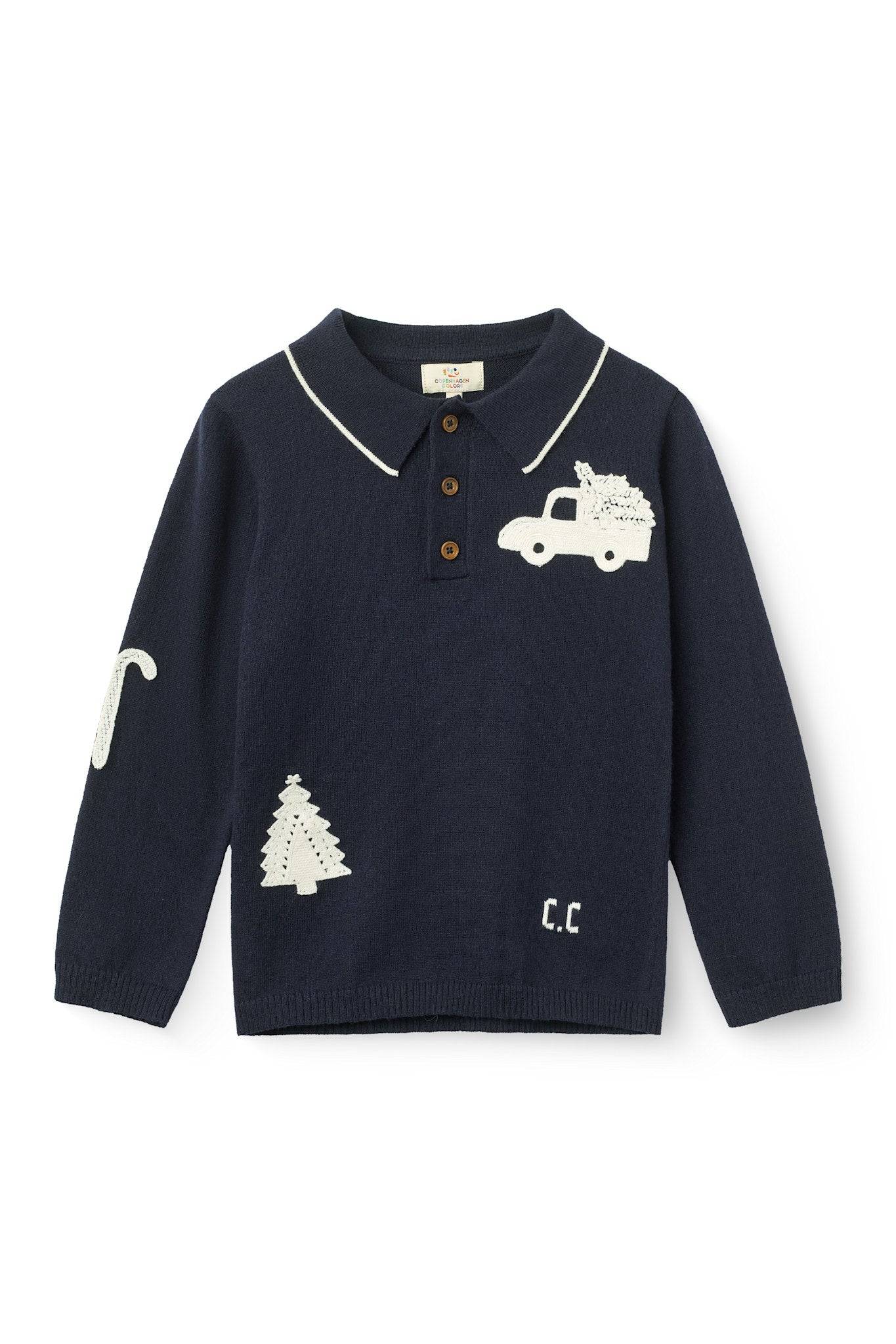 Strikket Polo m. Hæklede Patches - NAVY/ CREAM COMB - NAVY/ CREAM COMB / 92