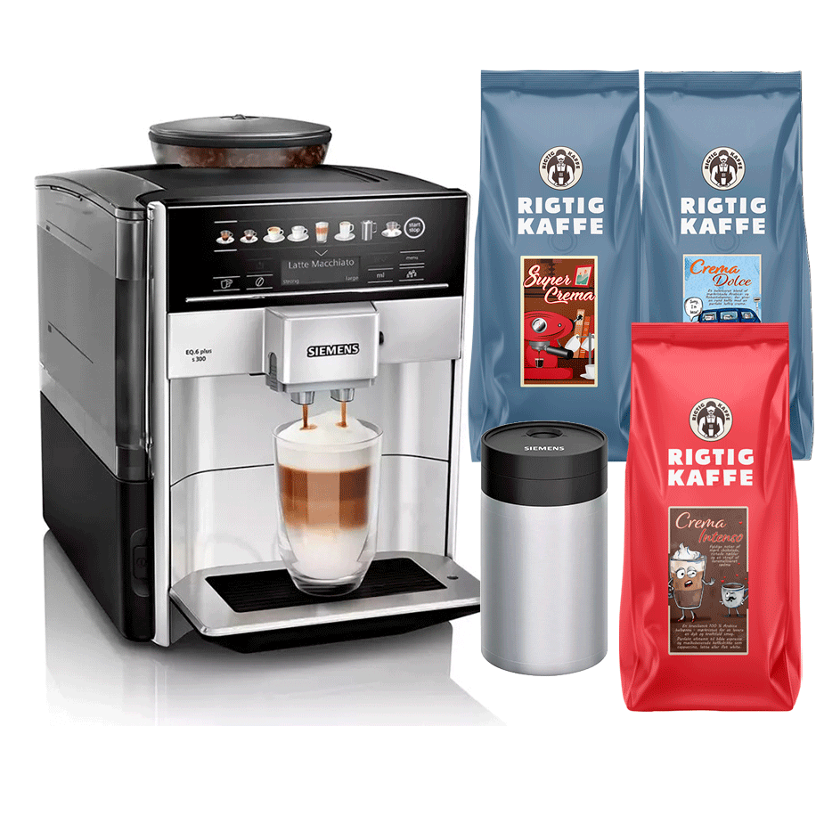Siemens TE653M11RW EQ6 Plus s300 Espressomaskine Inkl. Mælkeholder, 1kg Super Crema, 1kg Crema Intenso & 1kg Dolce Crema