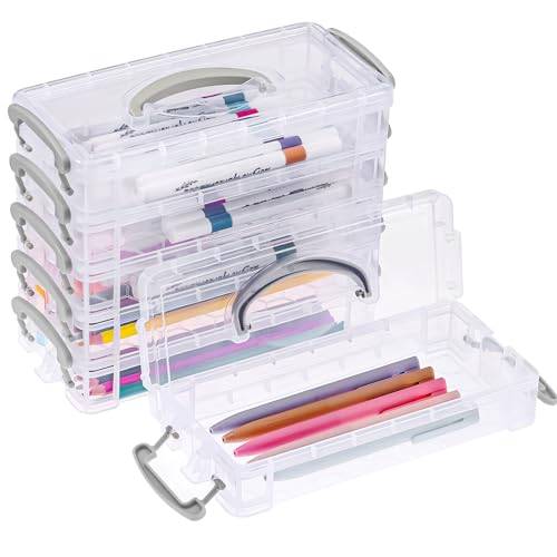 JIANTA 6-pack genomskinliga pennskrin i plast, pennfodral med stor kapacitet med snäpp-tätt lock, stapelbar lösning för förvaring av hemskola och kontorsmaterial