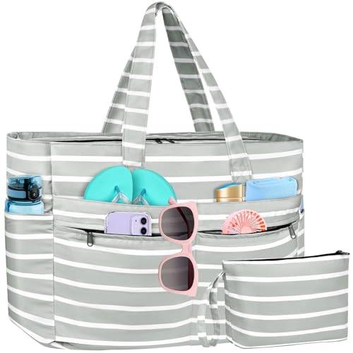 WACCET Strandtasche XXL Familie, Große Wasserdichte Strandtasche Damen mit Reißverschluss, Faltbare Leichte Badetasche Damen mit Mehreren Taschen Beach Bag Tote Bag für Strand, Reisen, Urlaub, Pool.