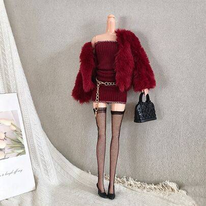 BJD-dockkläder, glamoutfitset i skala 1/6 för dockor, kort burgundär pälsjacka, axelbandslös miniklänning, strumpbyxor, väska och skor för slanka BJD- - Klädset för dockor (docka ingår ej) (En-Storlek)