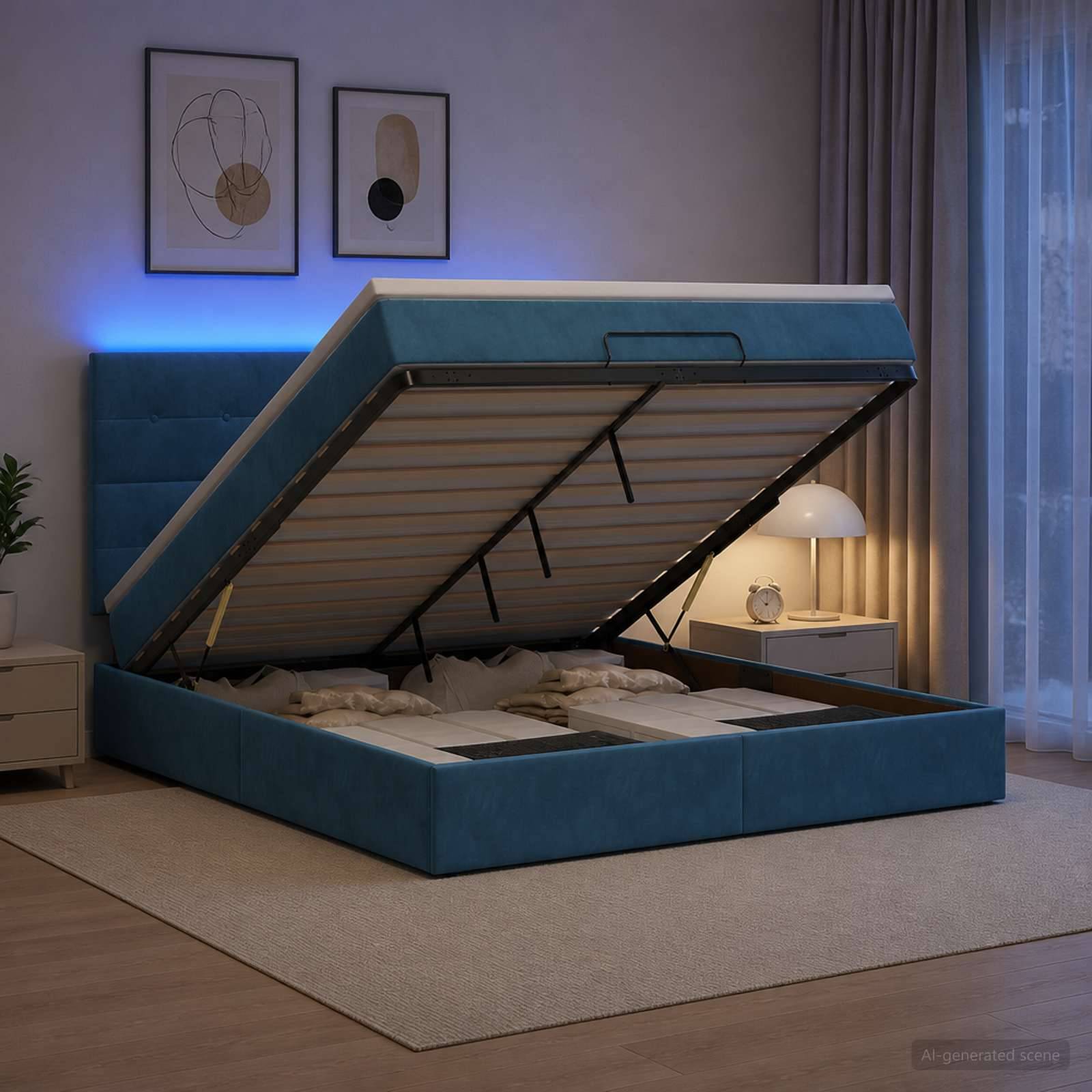 vidaXL Ottoman-säng med madrass och LED Mörkblå 180 x 200 cm Sammet