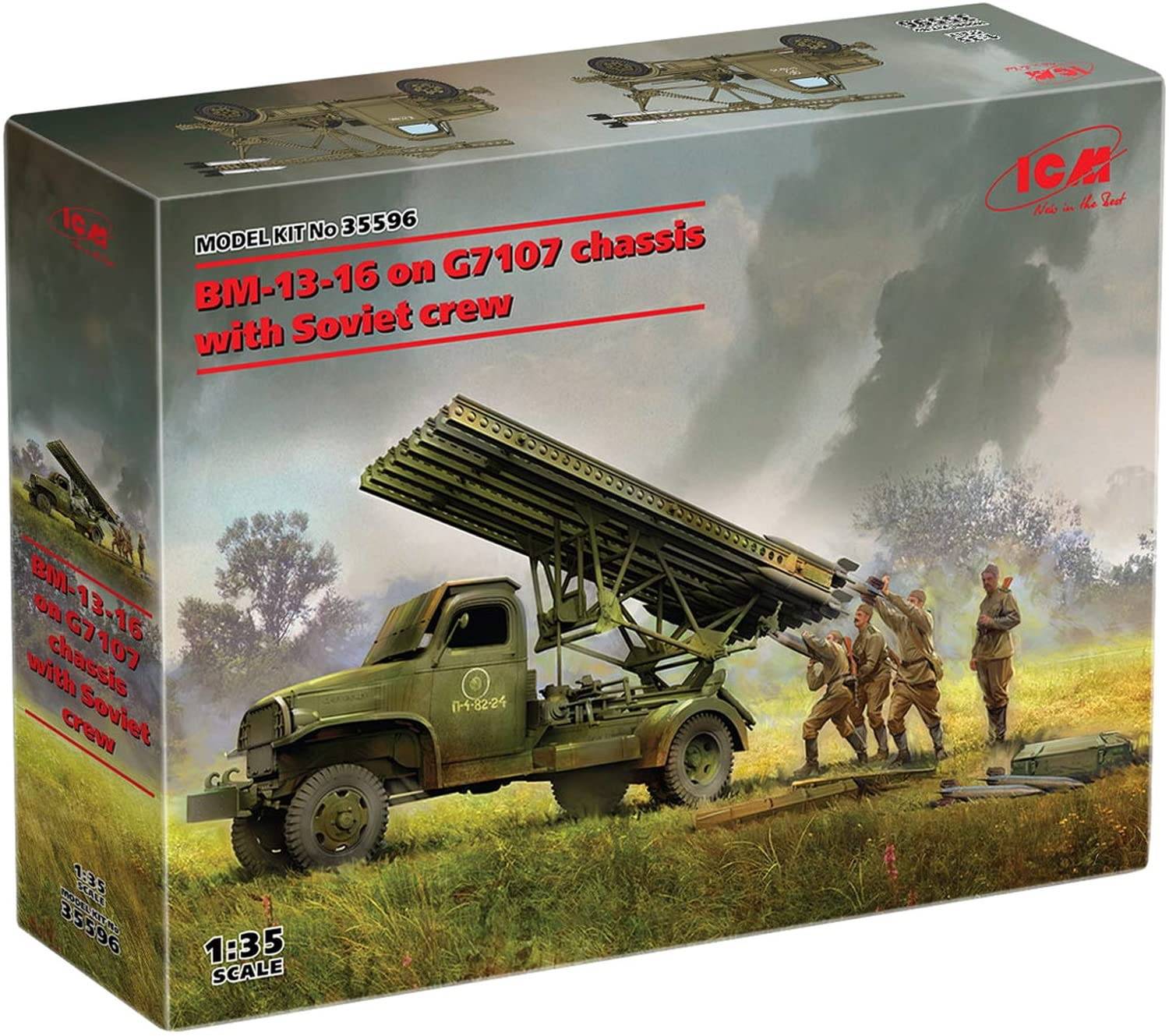 ICM 1/35 scale Soviet Army BM-13-16 Multiple Rocket Launcher G7107 Body with Soviet Crew, Plastic Model Kit 35596, Molded in Color