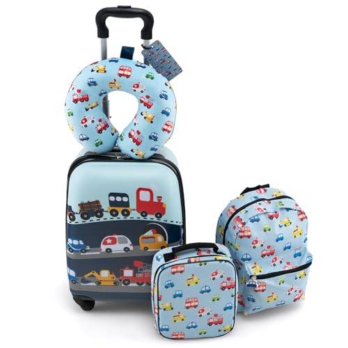 Costway 5-delat set med barnresväska, barnryggsäck, barnrullväska med lunchlåda, bagageetikett och nackkudde, barnbagage med hjul, handbagage med hårt skal för pojkar och flickor, 30 cm x 23 cm x