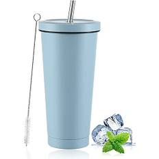LATERN Iskaffeglas med lock och sugrör, 750 ml isolerad rostfritt stål kopp dubbelvägg vakuum resa kaffemugg återanvändbar vatten kopp håller drycker kalla och varma (himmelsblå, 1 st)