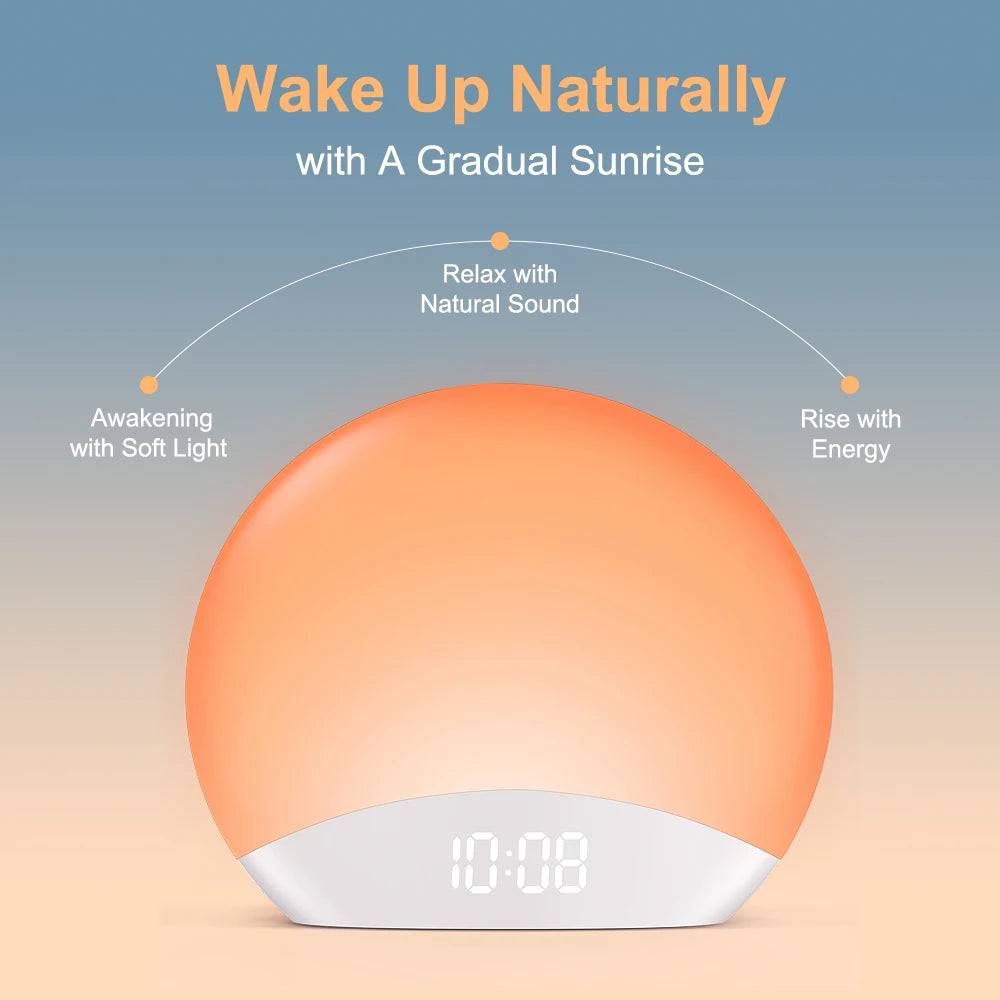 Awakening Wake Up Sunrise Alarm Clock Table Clock Dimmable with 3 Ring 8 Nightlight 26 Sound Sleep Timer Night Light - British 2