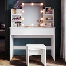 SONNI Sminkbord med belysning och pall vit byrå med LED-spegellampa 1080 x 400 x 1400 mm