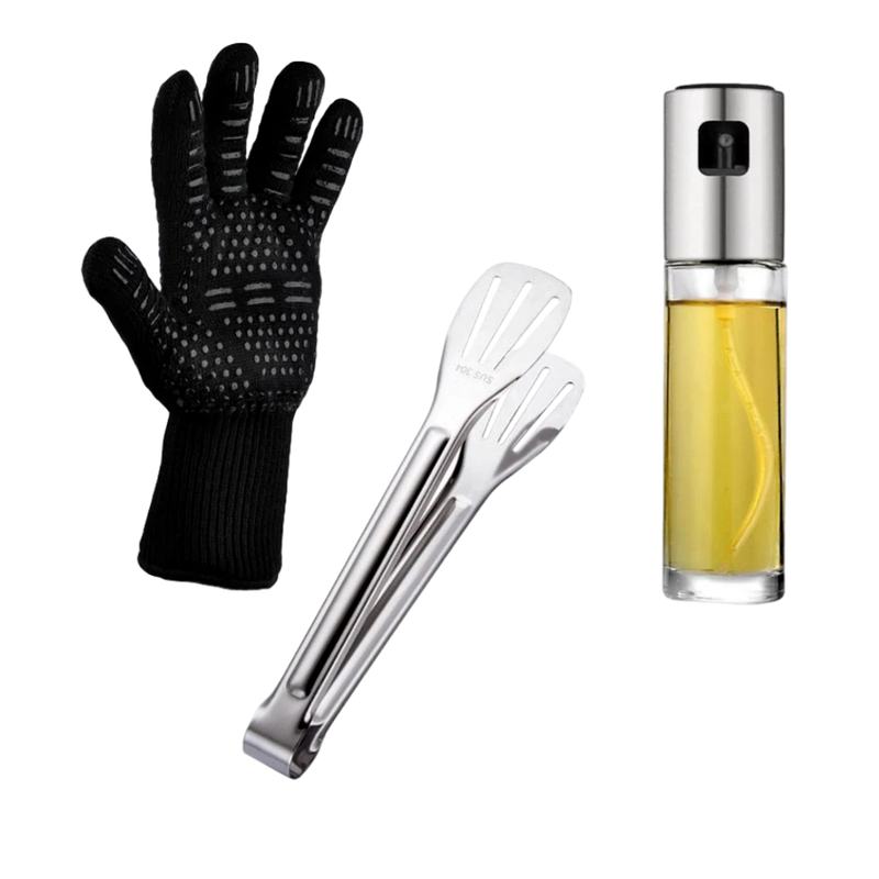 Grillpakke med grilltang, oliespray og grillhandske