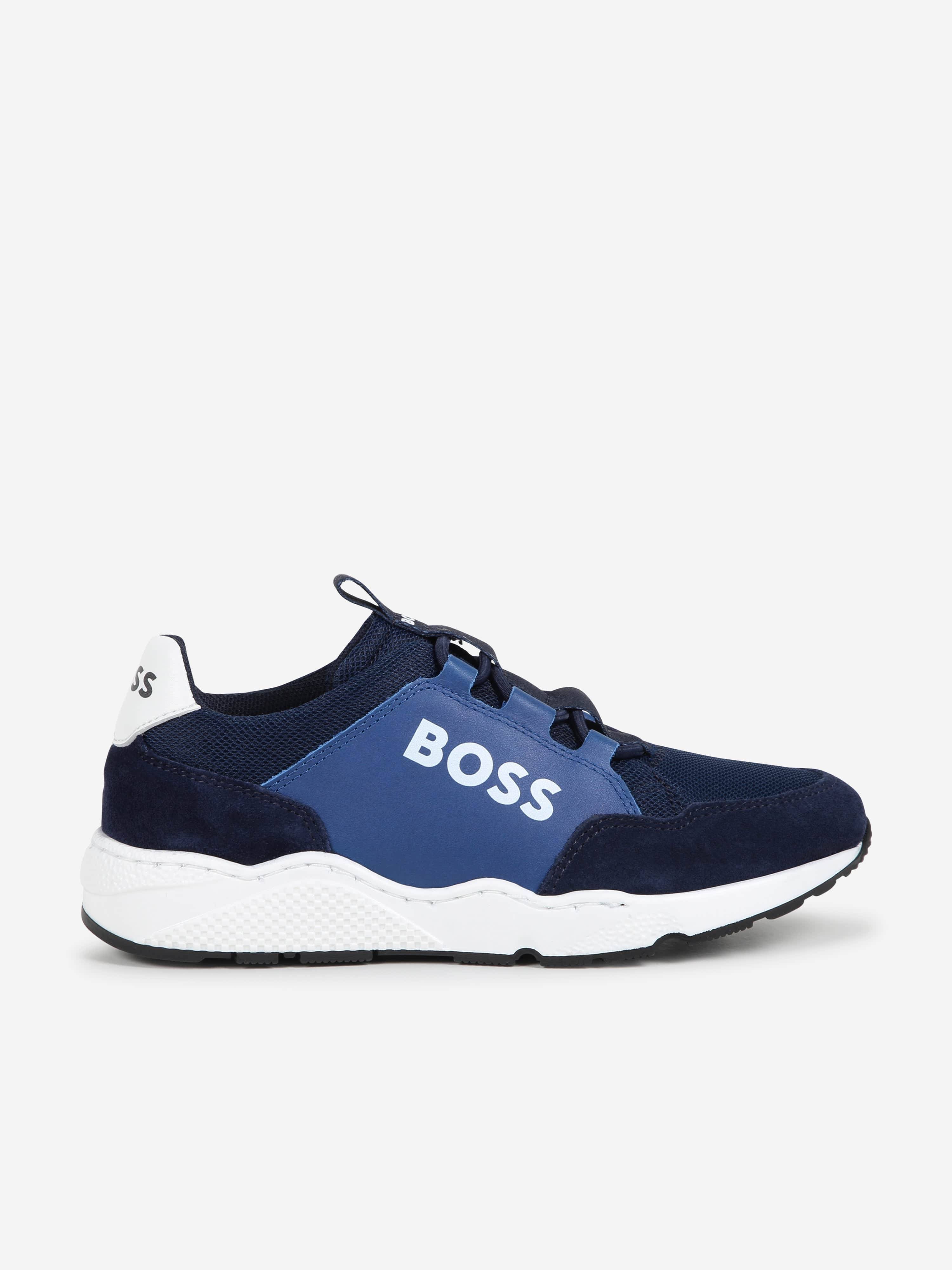 BOSS Boys Leather Logo Trainers in Blue - Blue / EU 31 UK 12.5 (EU 31 UK 12.5)