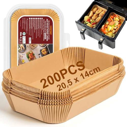 HONYAO 200 Stück Backpapier für Heißluftfritteuse Dual Zone, 20,5x14 cm Rechteckig Airfryer Papier Zubehör kompatibel mit Air Fryer Doppelkammer 7,6L-8L-8,5L-9L-9,5L-10L und Ninja Double Stack xl
