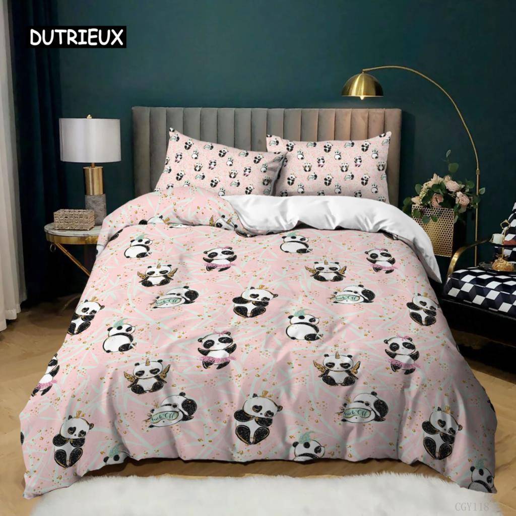 Panda Påslakan Tecknad Panda Tryckt Sängklädesset För Barn Pojkar Flickor Mikrofiber Söt Djur Täcke Örngott 2/3st Full Storlek 155x215cm 3pcs