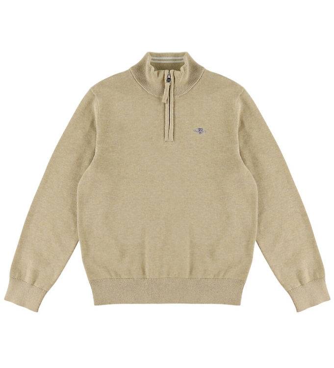 GANT Tröja m. Dragkedja - Stickad - Havre Beige Marl - GANT - 9-10 år (134-140) - Tröja