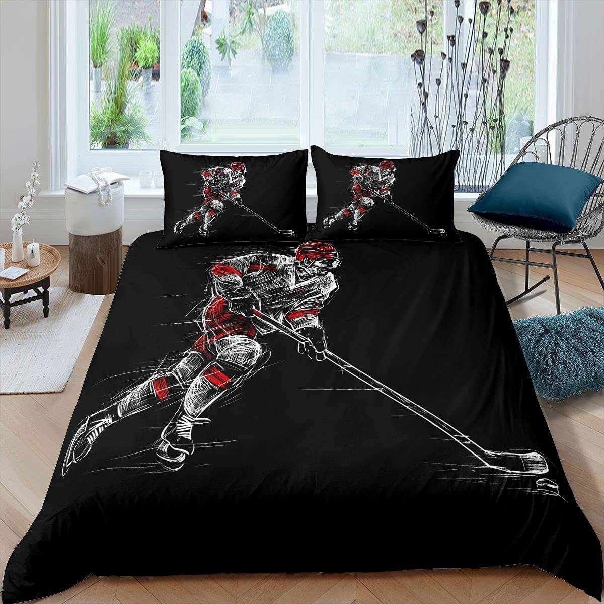 Ishockey Påslakanset Pojkar Puck King Size Sportspel Tema Sängklädesset För Barn Ungdom Vuxen Män Vinter Match Täcke US Full(200x230cm)