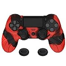 PlayVital Skydd Fodral för ps4-kontroller,Halkskydd Silikonskal Hölje Kompatibel med ps4 Slim/Pro Controller,Silikon Skydd Hud Ärm Skyddande för ps4 med 2 Joystickhölje-Röd&Svart(Guardian Edition)