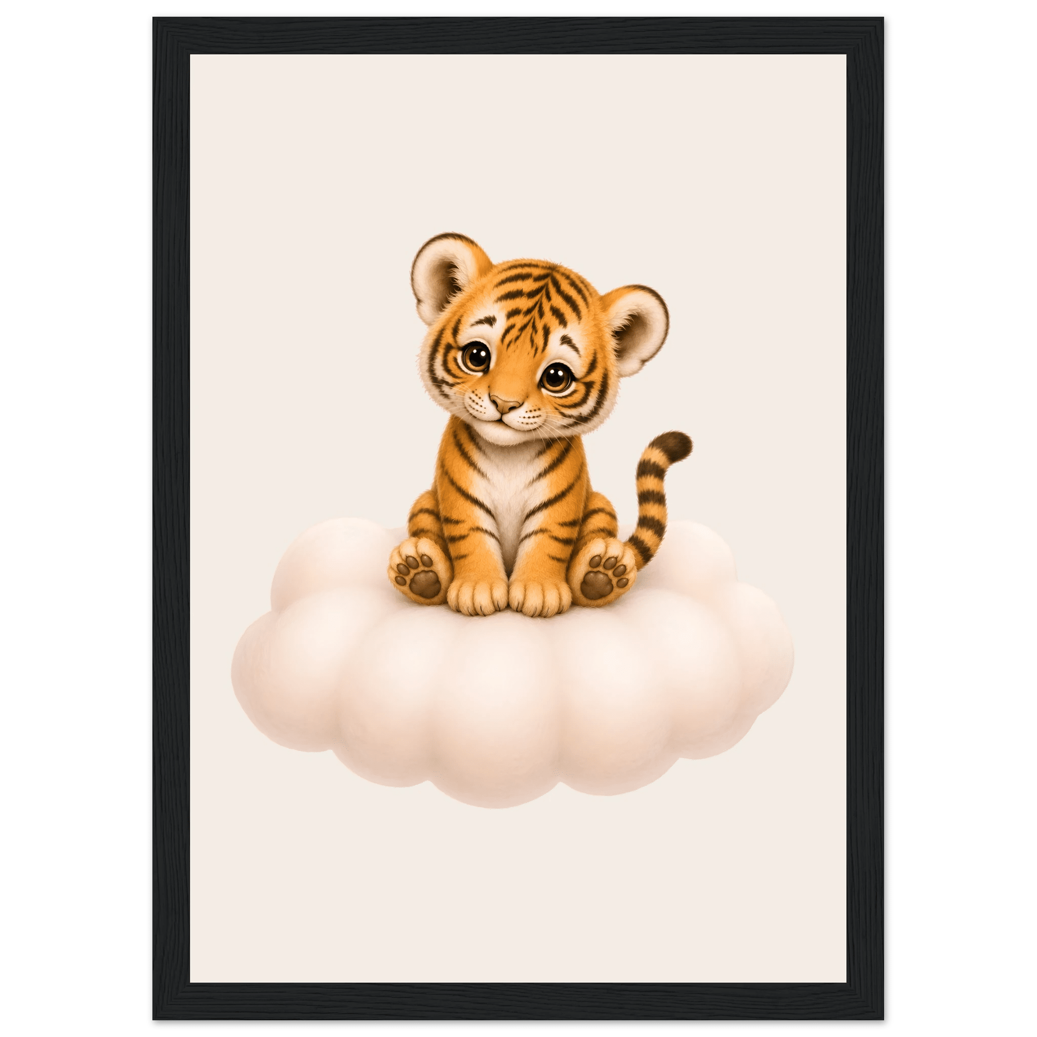 Söt tiger på moln poster-21x29.7 cm / 8x12" / Med ram / Svart