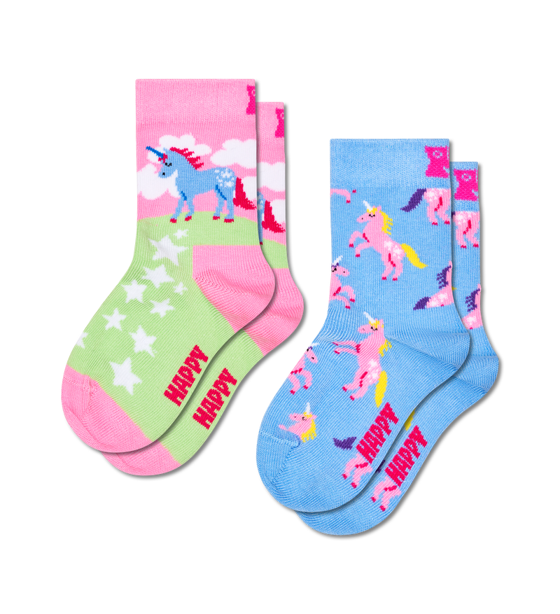 Kids' Unicorn Socks 2-Pack | Colorful & Fun - Pink, Light Blue, Light Green (4-6 Years)