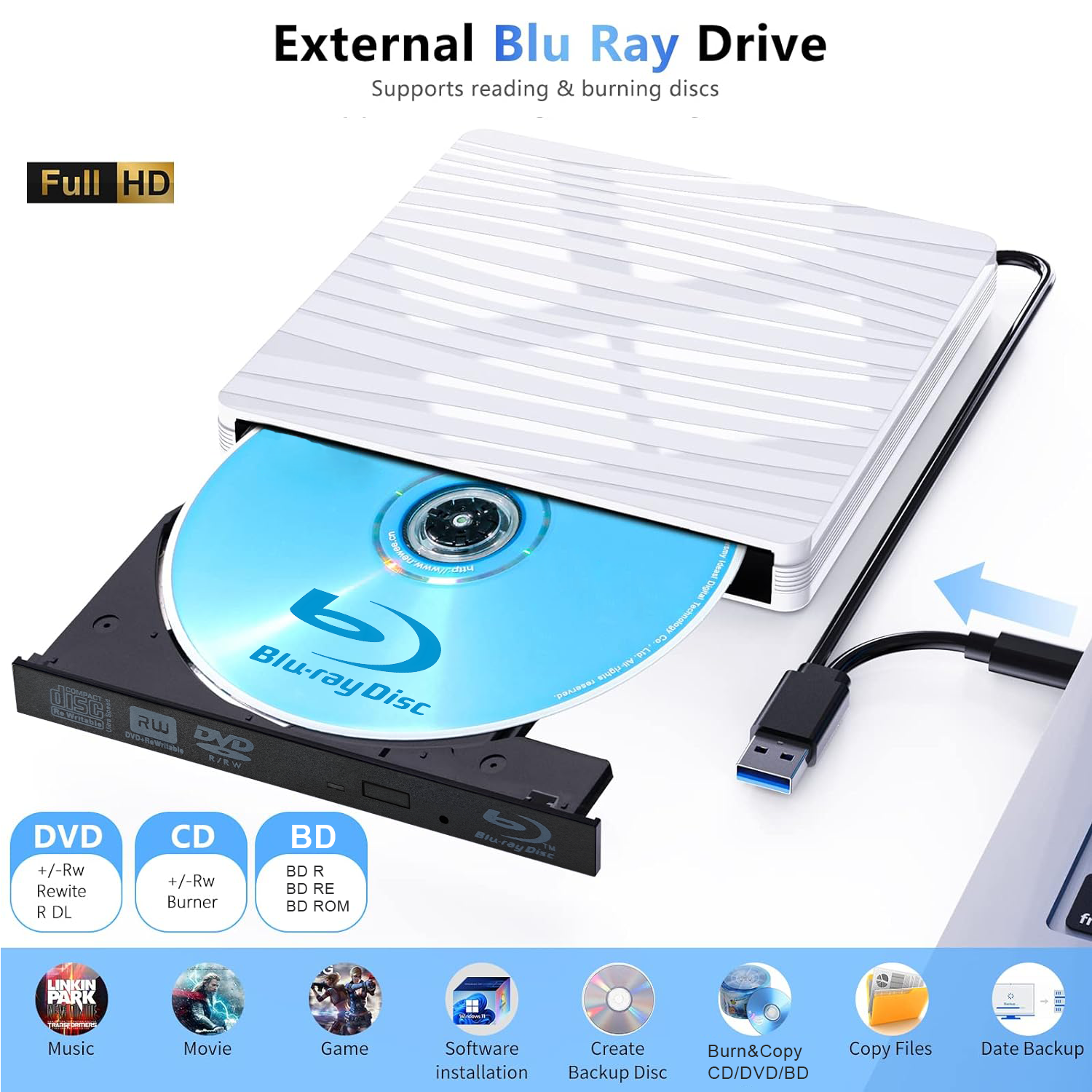 External Blu Ray Drive, USB 3.0 & Type-C 3D Blu-ray Burner Player，DVD/CD/BD Reader Writer Optical Drive for Laptop Desktop PC