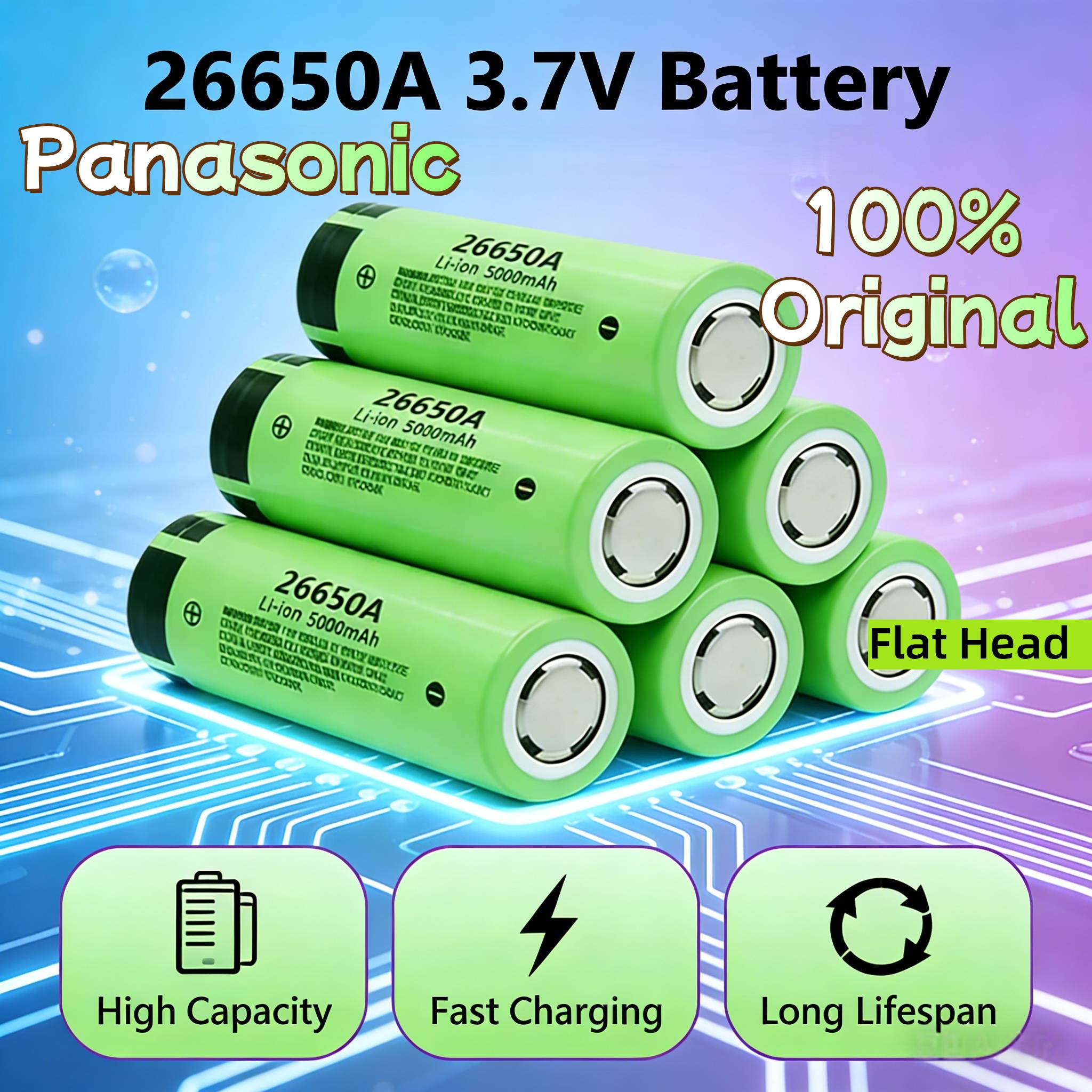 Panasonic 26650A 3.7V 5000mAh Battery High Capacity 26650 20A Power Battery Lithium Ion Rechargeable Battery for Toy Flashlight