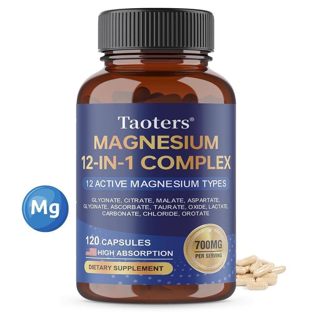 Taoters Magnesium 12-in-1 Complex Supplement 700mg Per Serving, 12 Active Magnesium Types, 120 Caps