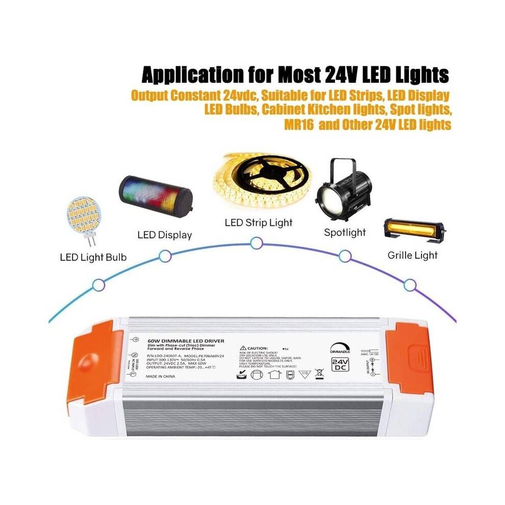 24V 60W Dimmable LED Driver, 110V AC to 24V 2.5A Transformer Power Supply, 0- Flicker-Free Dimmer US Plug