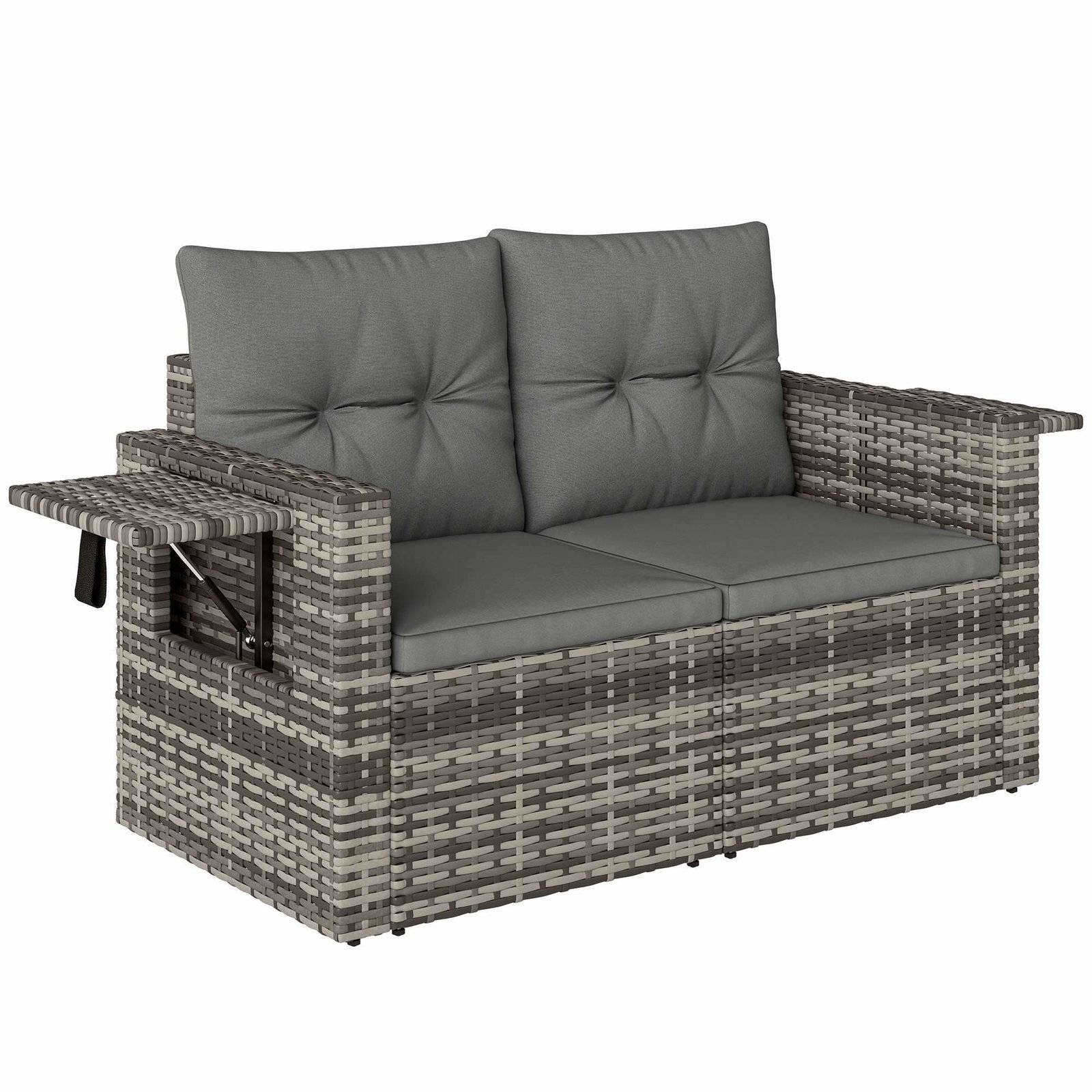 2-personers rattansofa med hynder, foldbare sideborde