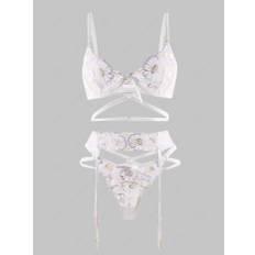 Damen-Dessous-Set mit Durchsichtigem, Floralem Mesh-Riemchen, Käfig-Geschirr-Design, Strumpfgürtel und Bügel, Sexy Nachtwäsche-Dessous-Set Set