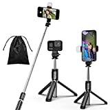 Selfiepinnstativ med ljus, 4-i-1, bärbart iPhone-stativ med avtagbar trådlös fjärrkontroll, kompatibel med iPhone 16/15 Pro Max/15/14 Pro/14/13, GoPro, Samsung, LG, Google (svart+ljus)