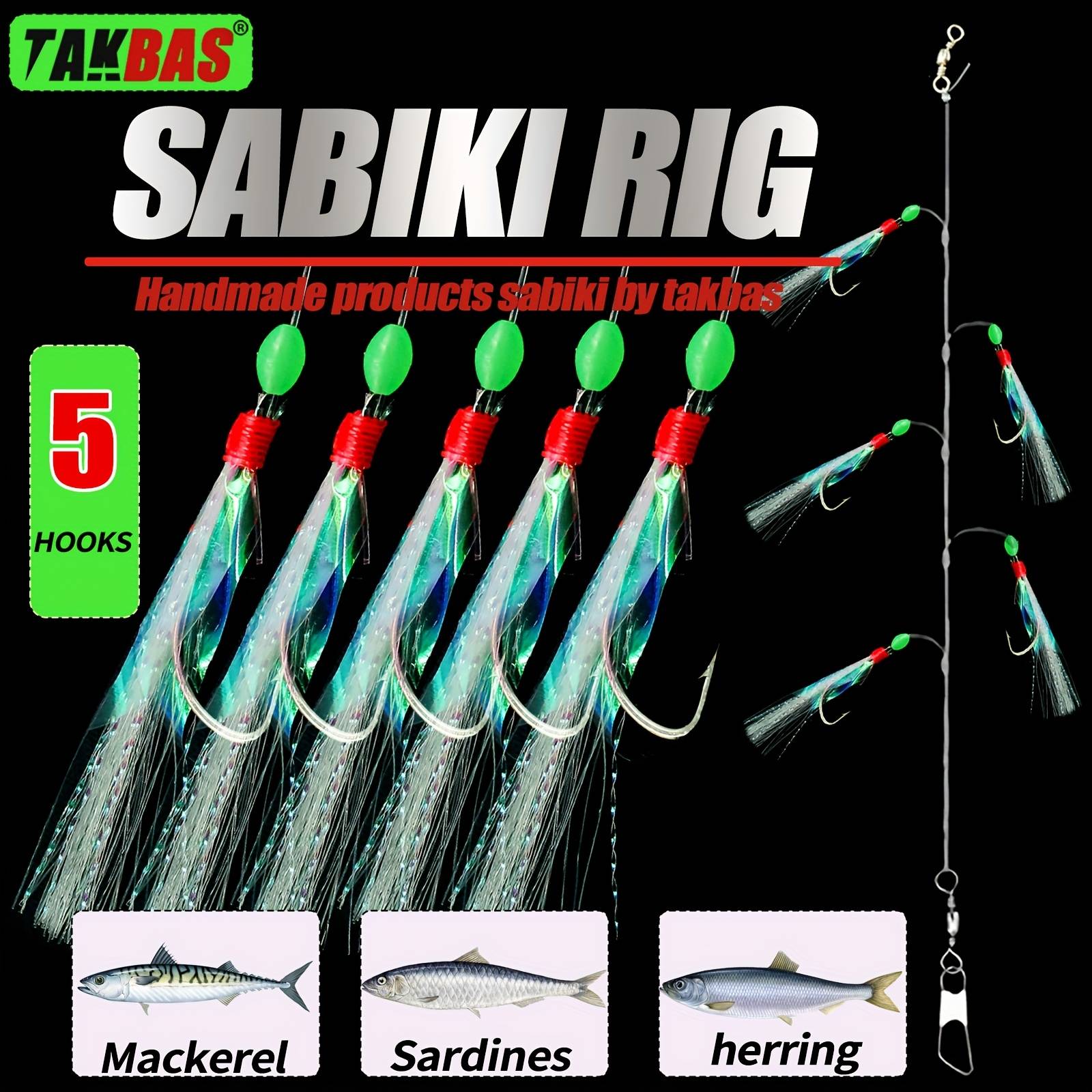 TAKBAS Sabiki Fish Hook, 1/2/4/6 Pack, White, High Carbon Steel, with Glow-in-the-Dark Treble Hooks, for Salmon, Mackerel,