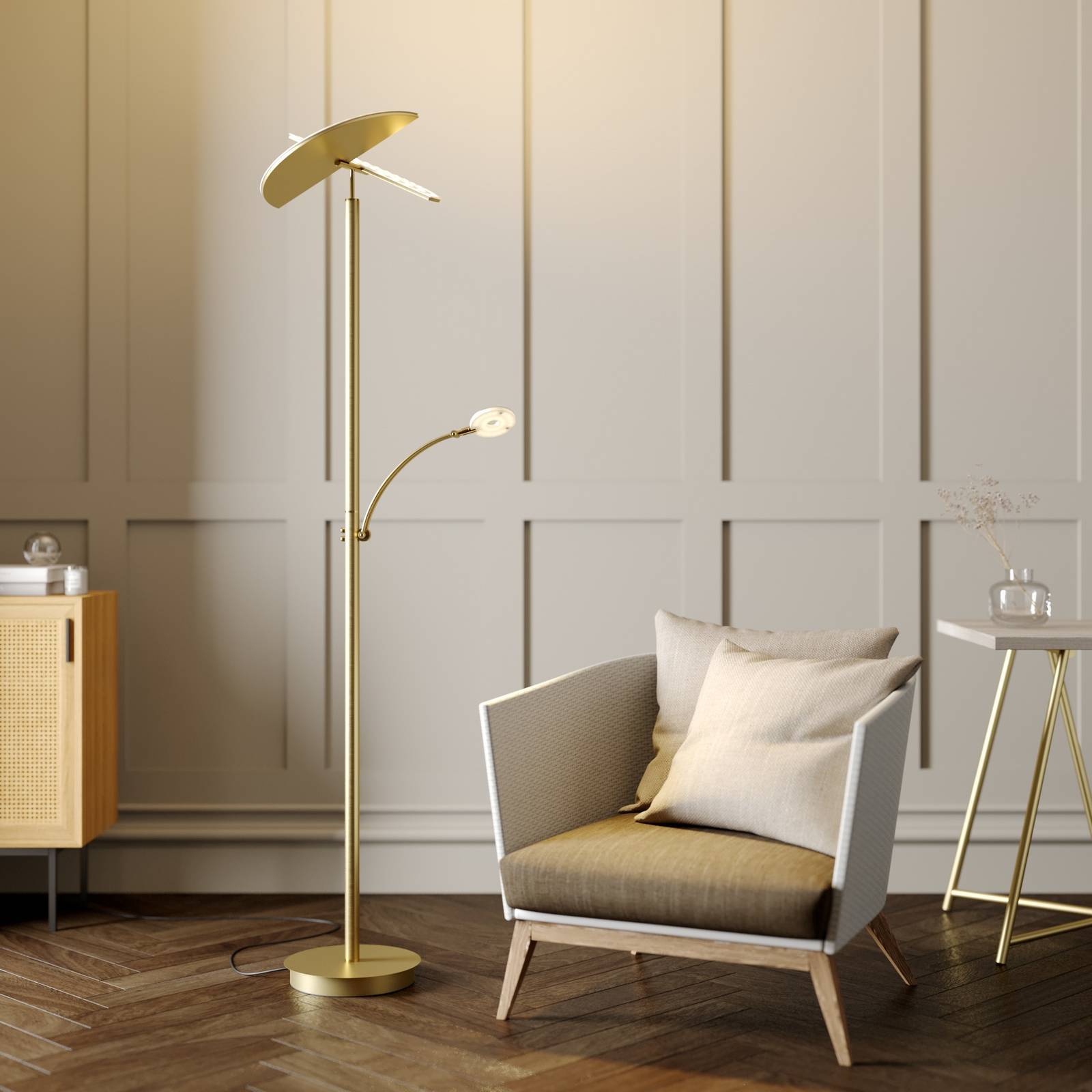 LED uplight golvlampa Anniki Lucande, dimbar, Mässing / guld, Vardagsrum / matsal, Metall, Modern, LED-golvlampa