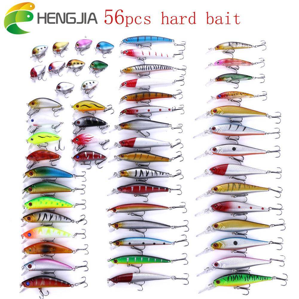 56 st/lot Hengjia blandat fiskedragset Minnow Lure Crank Baits Tackle Diskantkrokar Kit gray