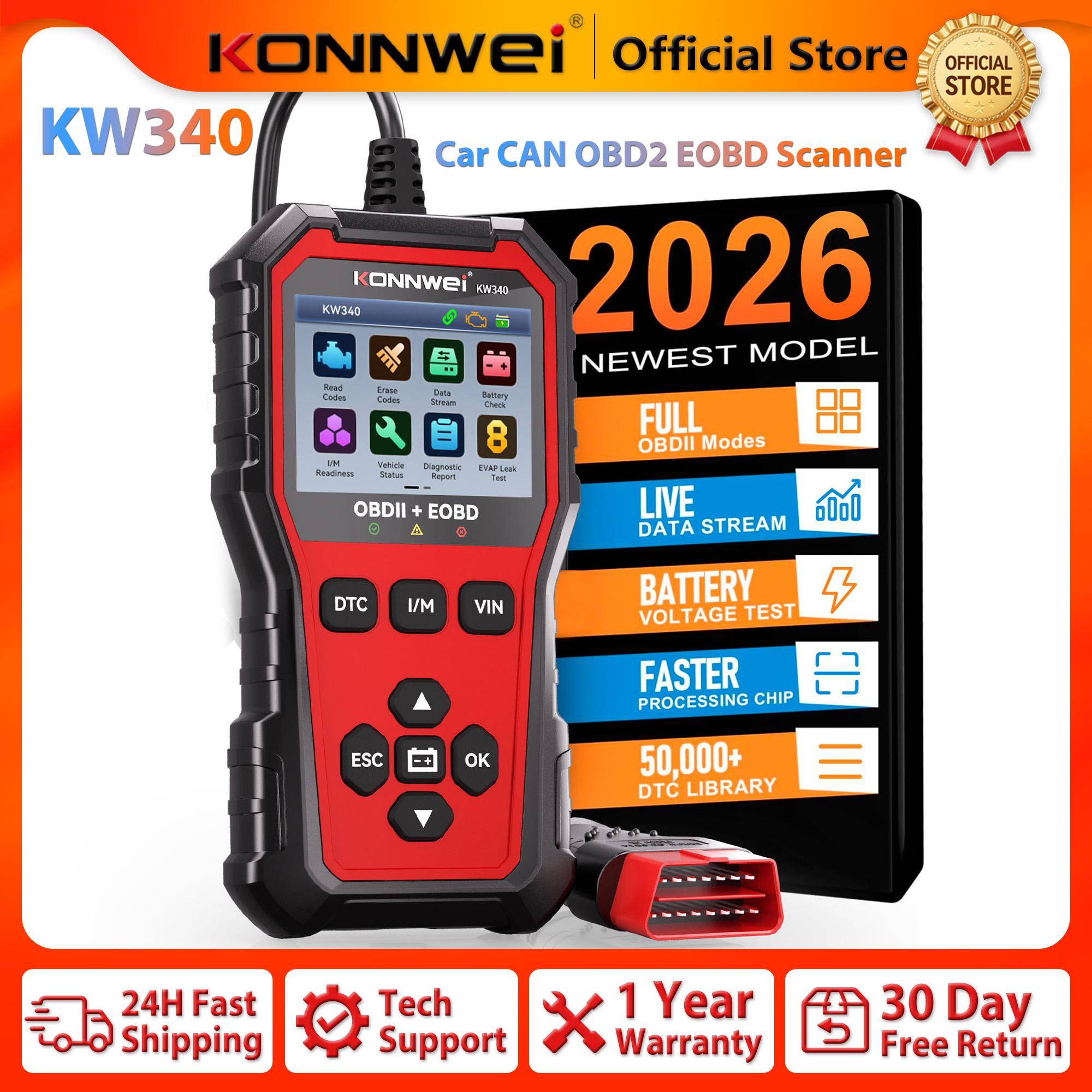 2026 KONNWEI KW340 Bil CAN OBD2 EOBD Skanner Diagnostikverktyg Motor & Batteritest Läs Felkod Rensa Realtidsdata Funktion