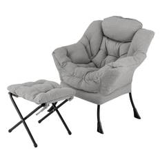 COSTWAY fåtölj med pall, relaxfåtölj med armstöd, sidoficka och fotstöd, loungefåtölj, TV-fåtölj, vadderad öronfåtölj för vardagsrum, sovrum, kontor (grå)