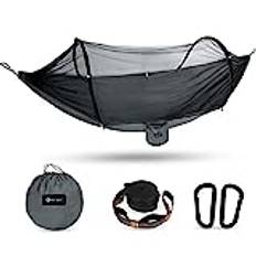 BTRWOR Hängmatta, hängmatta utomhus med myggnät | nylon camping resehängmatta | 300 kg lastkapacitet | 260 x 140 cm | Campingtillbehör för utomhusbruk, inomhus med trädremmar (mörkgrå)