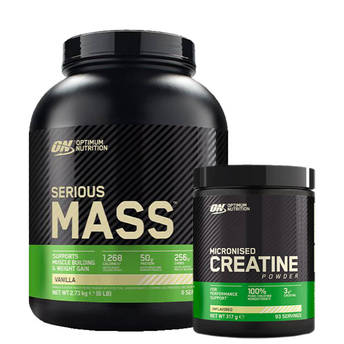Weight gainer Optimum Nutrition Serious Mass Gainer 2727 g + Kreatinpulver 300 g - Bodyman.dk
