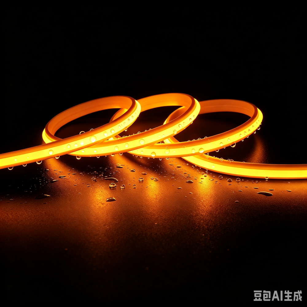 5m 9W/m Gul Slim COB strip - 230V, IP67 vandtæt, 296 LED, kan klippes for hver 10cm - Forpakning : 20m inkl. stik