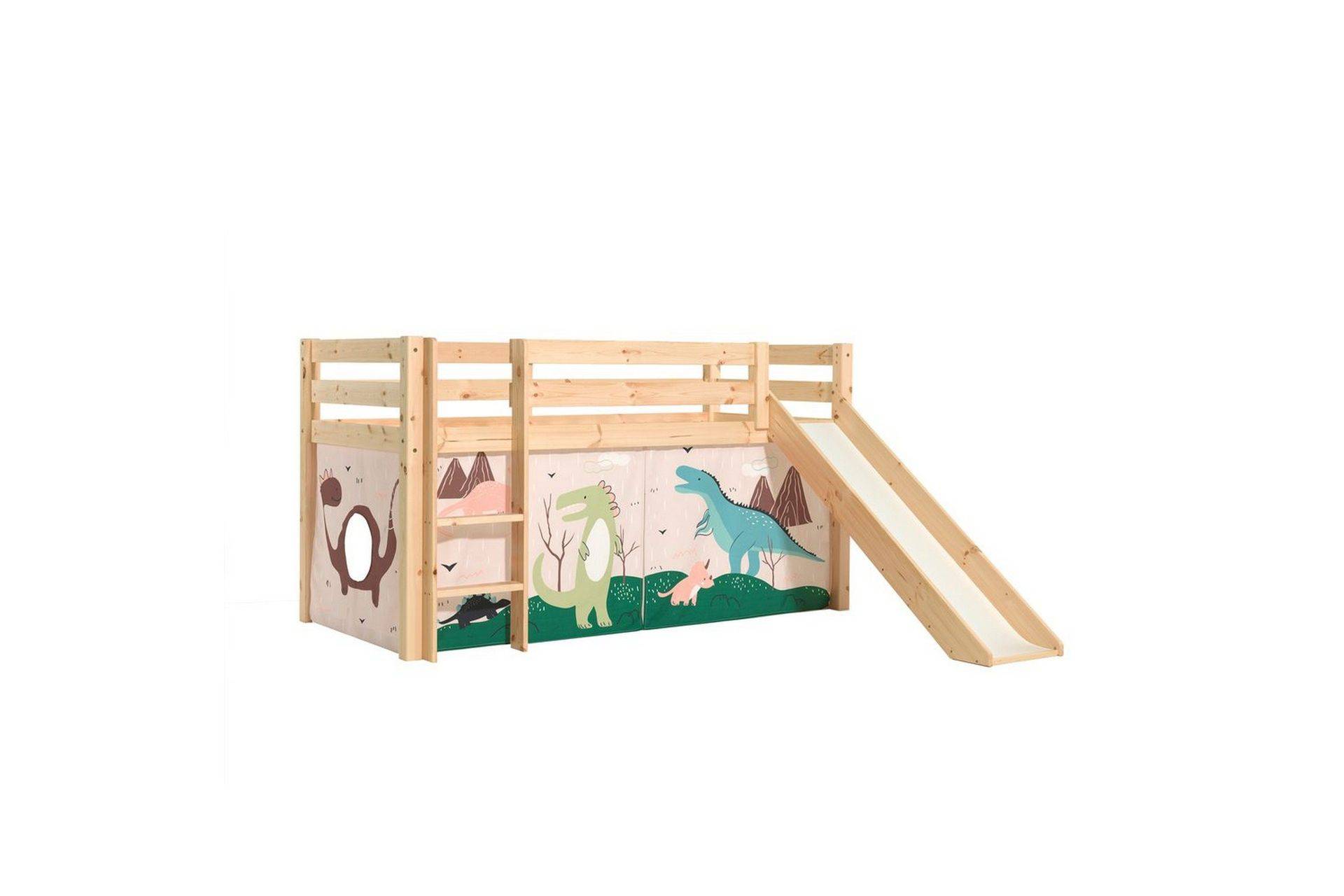 Halvhög Säng med gardin och rutschkana Pino Naturlig, Dino - Naturlig, Dino Hussäng