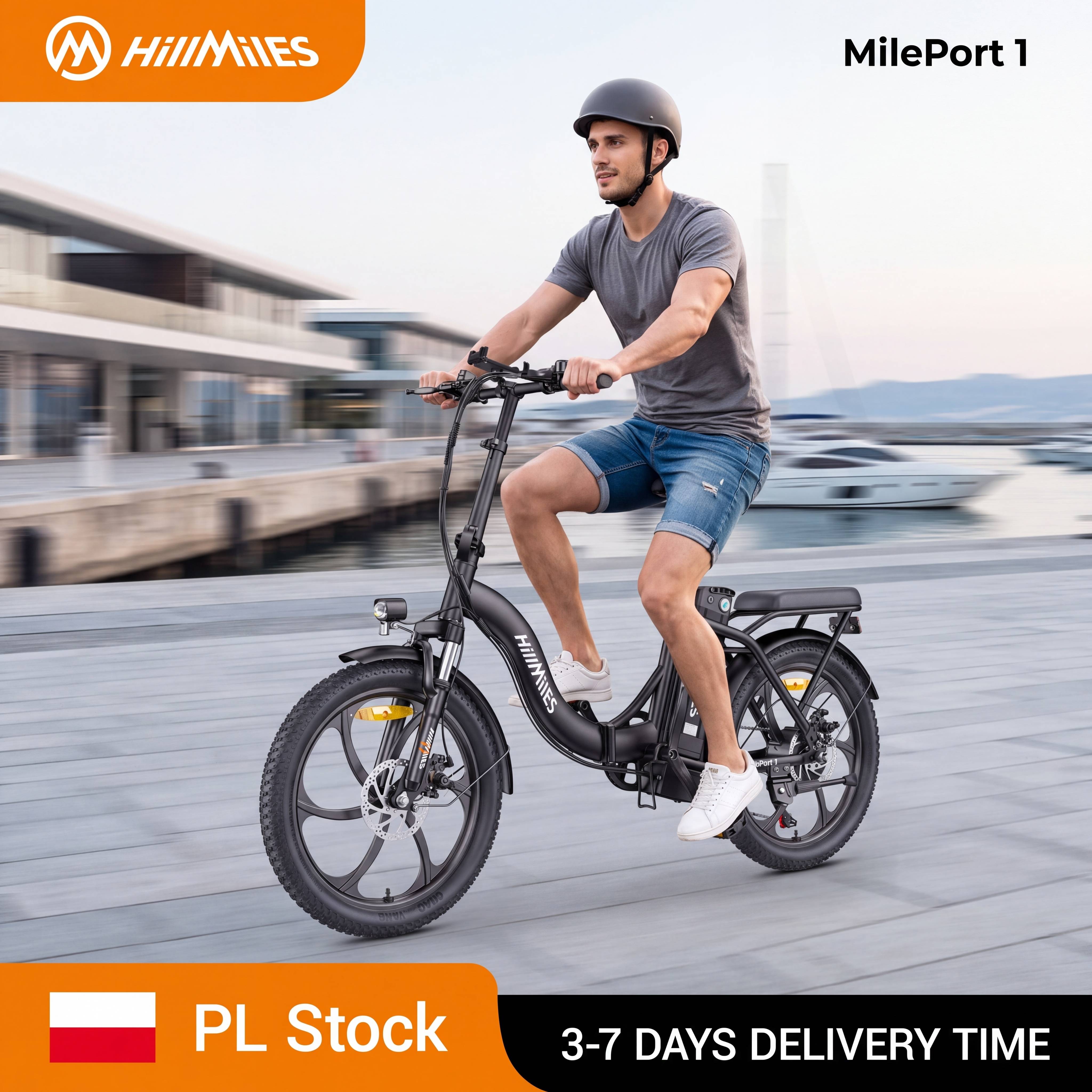 Hillmiles Mileport Folding Electric Bike, 20"*3.0" Fat Tire E-Bike, 250W Motor, 36V 13Ah Battery, 120Km Range, 25Km/H, 7 Speeds, Disc Brakes, Urban & Off-Road Electric Bicycle, Shipped from Poland