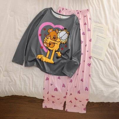 Sött loungewear-set för tweenflickor med långärmad topp och byxor med cartoonprint - Grå (8Y,9Y,10Y,11Y,12Y)